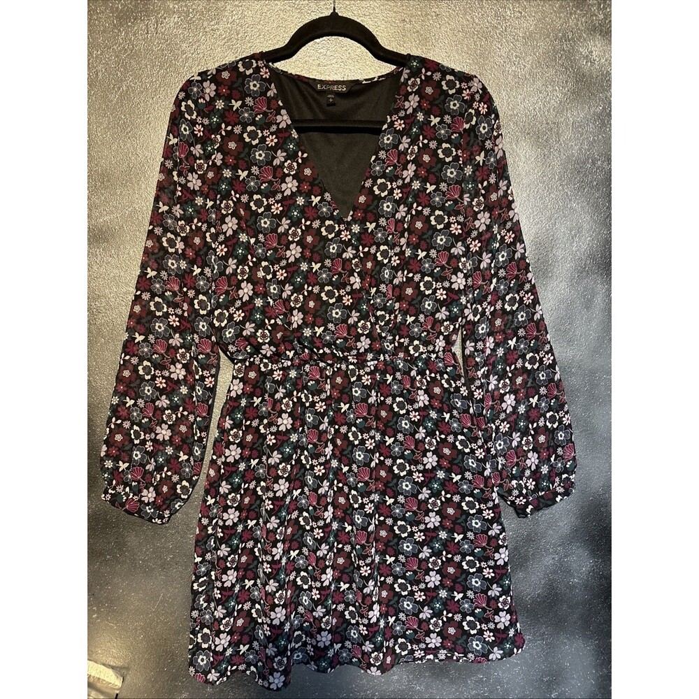 Express Floral Surplice Neckline Sheer Long Sleeve Dress S Elastic Back School